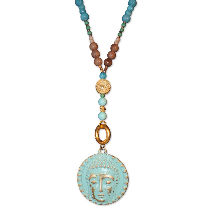 Kette, Wechselkette, lang, Edelsteine türkis/braun, Holzperlen beige, Amulett Buddha-Kopf türkis, handmade by Schau Time