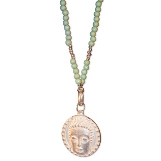 Kette, Wechselkette, lang, Holzperlen hellgrün, Amulett Buddha-Kopf silberfarbig, handmade by Schau Time