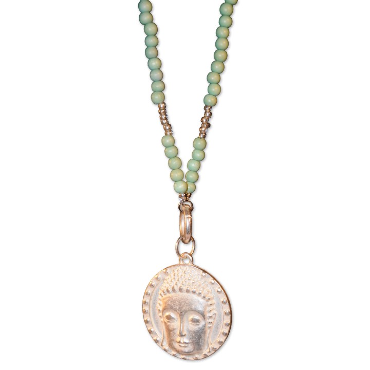 Kette, Wechselkette, lang, Holzperlen hellgrün, Amulett Buddha-Kopf silberfarbig, handmade by Schau Time