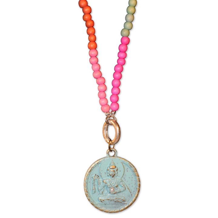 Kette, Wechselkette, lang, Holzperlen pink/hellgrün/orange/lila, Amulett Buddha sitzend türkis antik, handmade by Schau Time