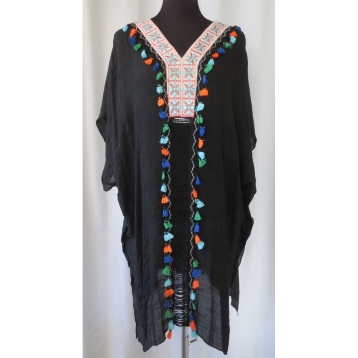 Tunika, schwarz, bunt bestickt